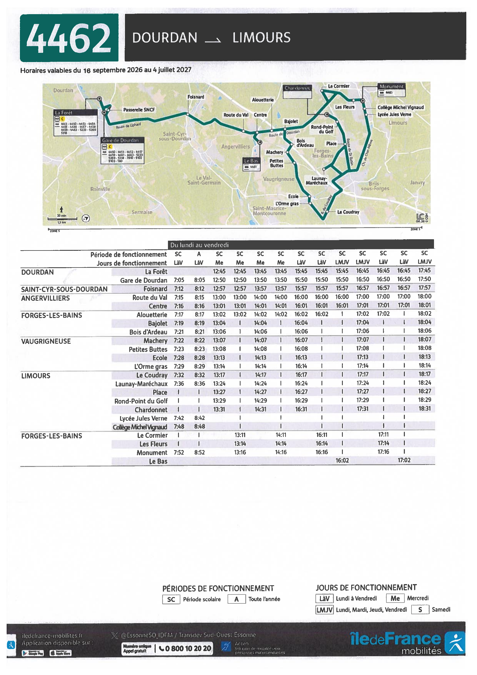 Grille horaires ligne 4462, sens Dourdan vers Limours