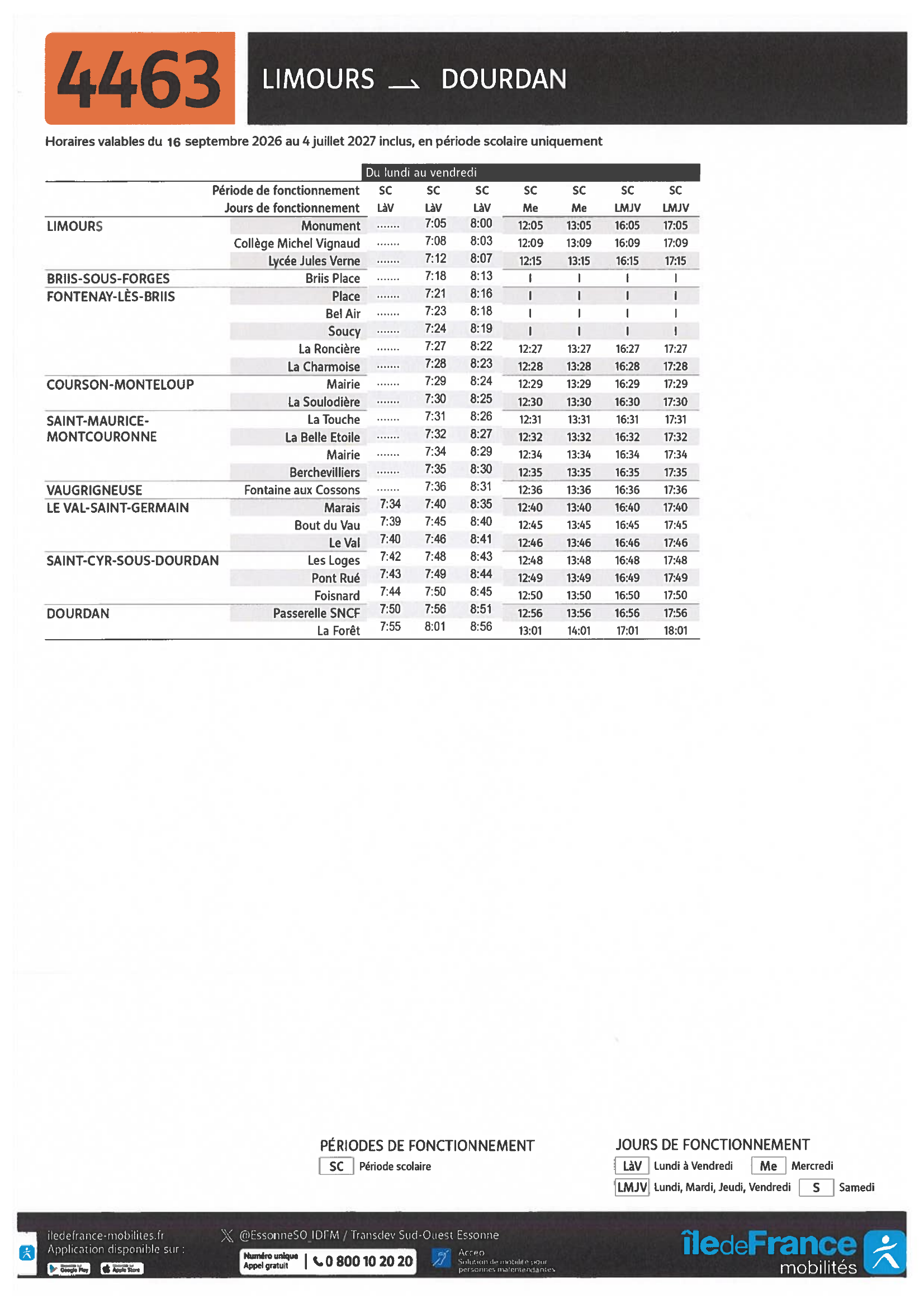 Grille horaires ligne 4463, sens Limours vers Dourdan