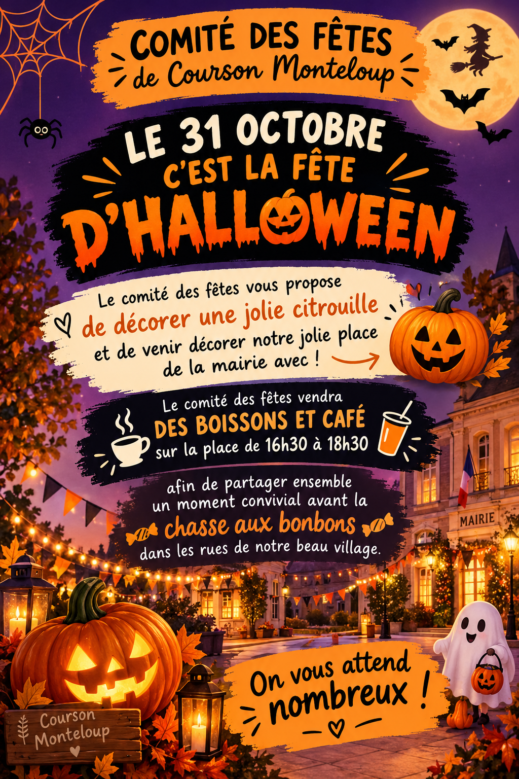 Affiche du comité des fêtes : Halloween le 31 octobre sur la place de la mairie, boissons et café de 16h30 à 18h30, puis chasse aux bonbons