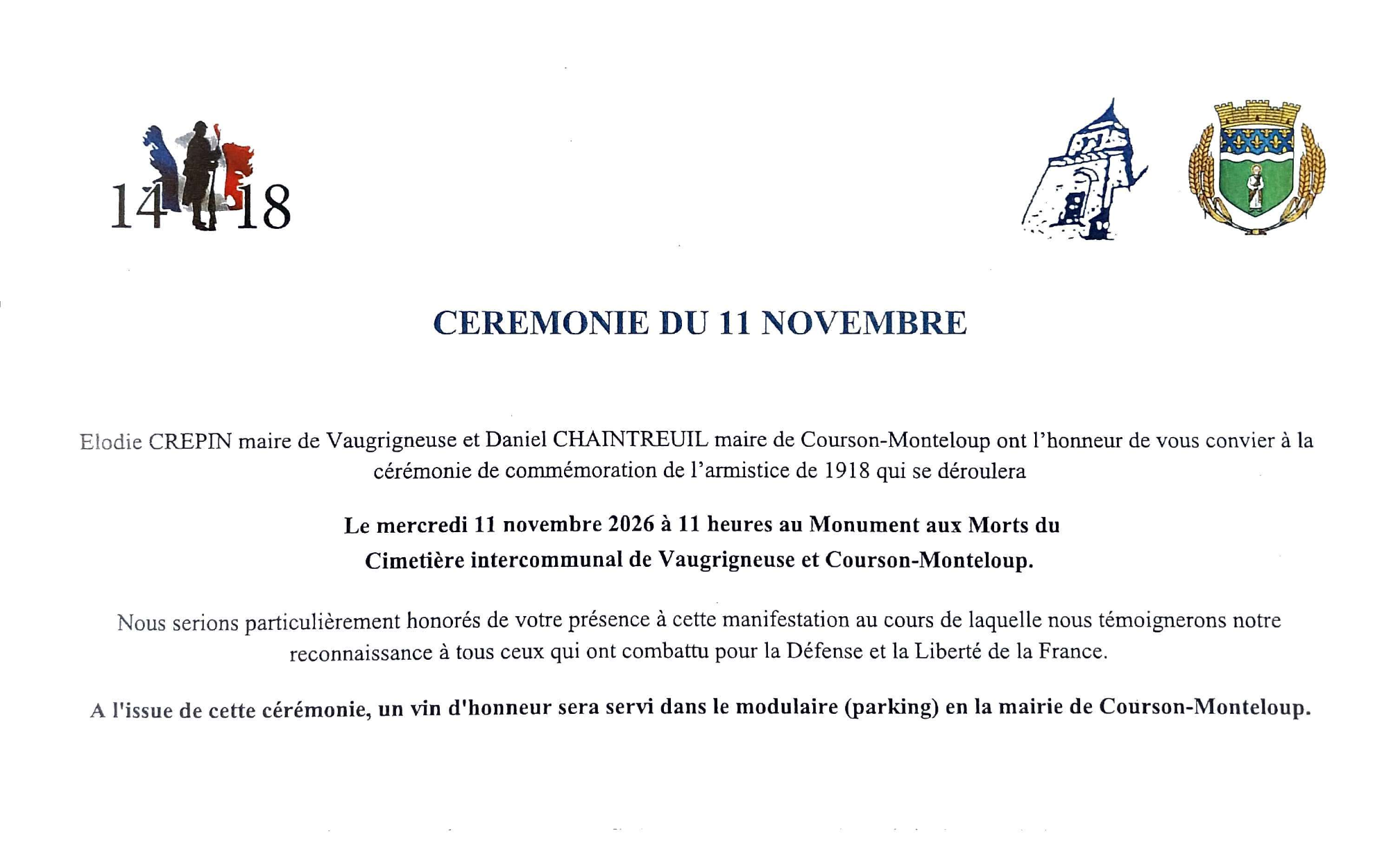 Carton d'invitation à la cérémonie du 11 novembre 2026