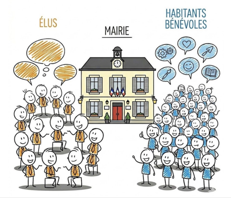 Illustration des élus et des habitants bénévoles autour de la mairie