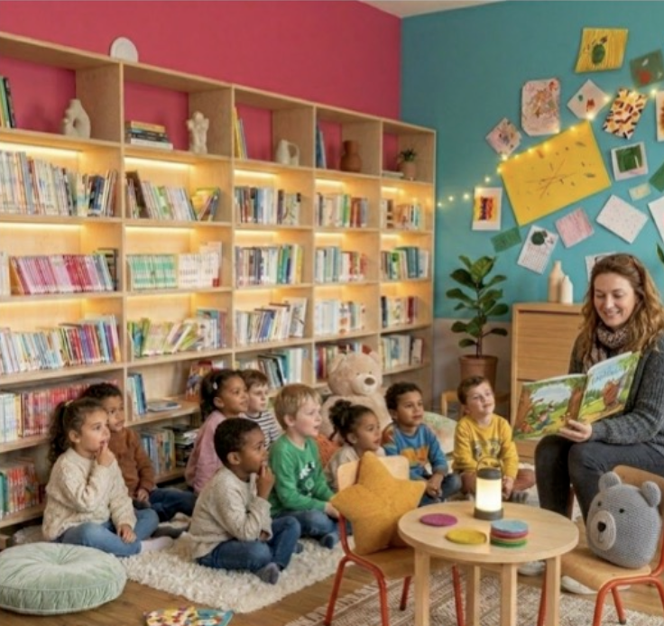 Enfants réunis pour un temps de lecture