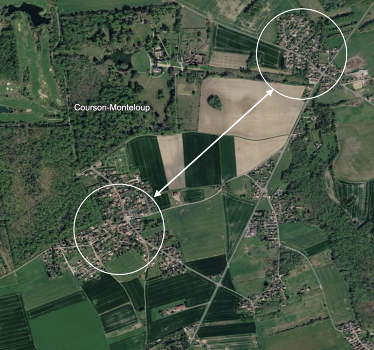 Carte aérienne reliant les hameaux de Courson et Monteloup