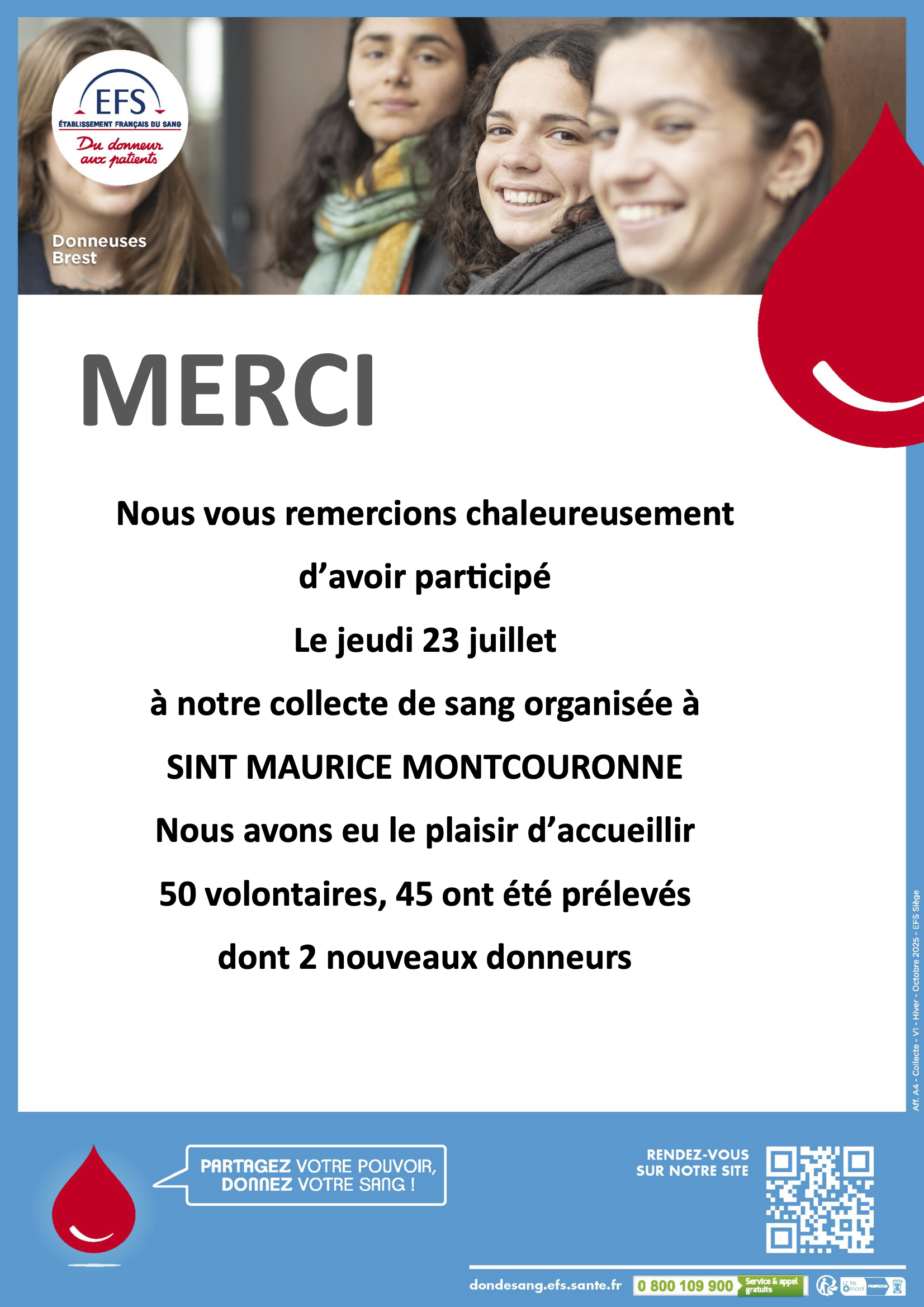 Merci de l'Établissement français du sang aux donneurs du 23 juillet