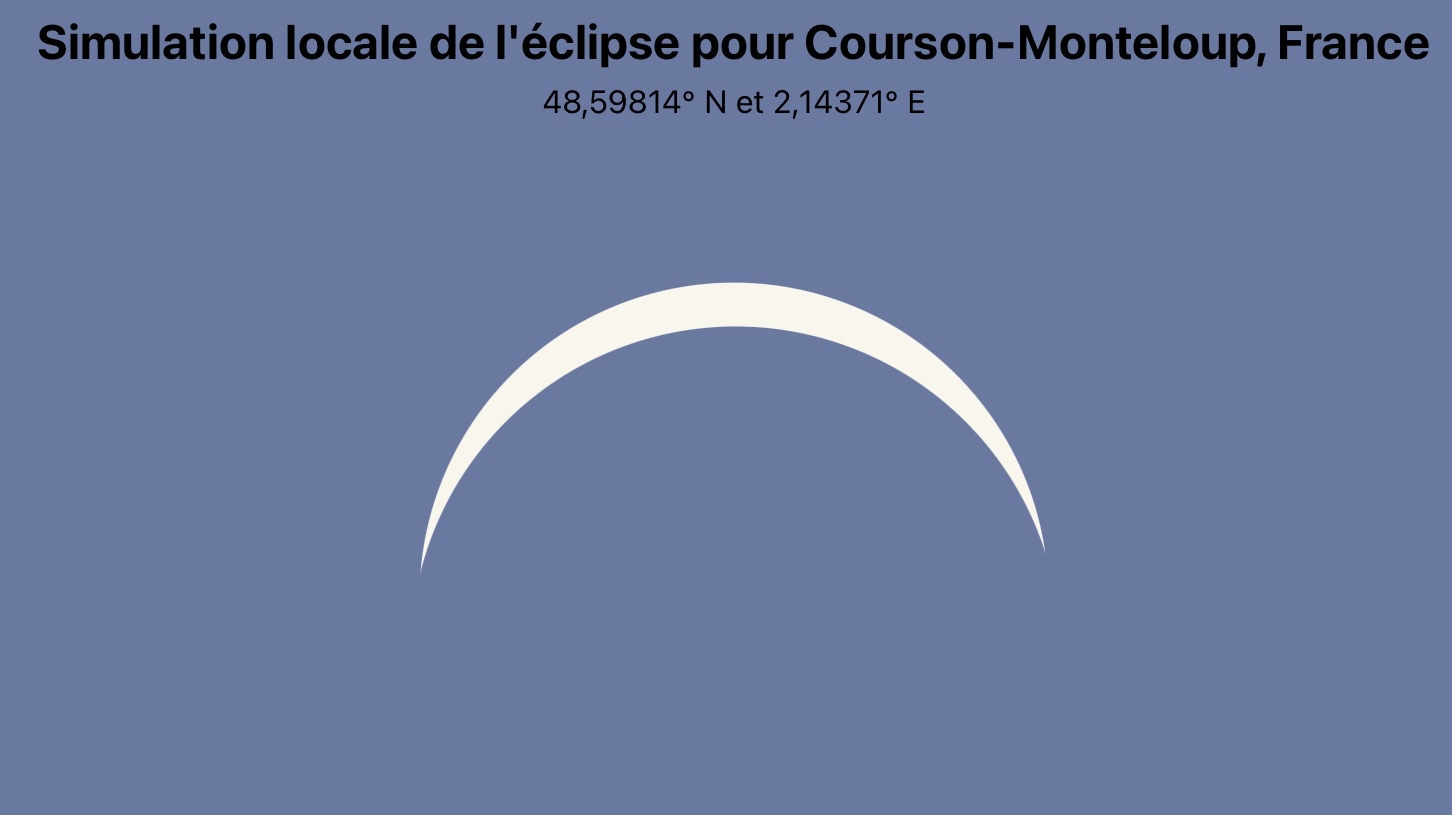 Simulation de léclipse solaire vue depuis Courson-Monteloup, environ 92% du Soleil masqué